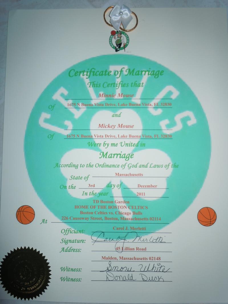 Sample of Boston Celtics Wedding Certificate