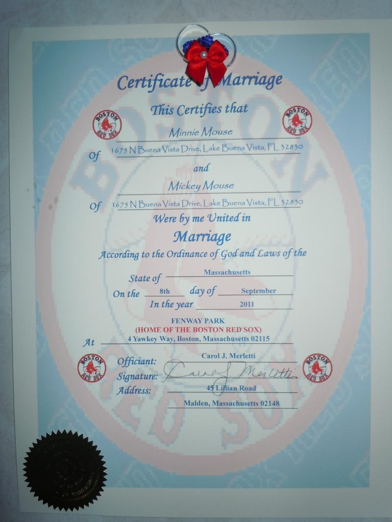 Sample of Fenway Park ~ Red Sox Wedding Certificate